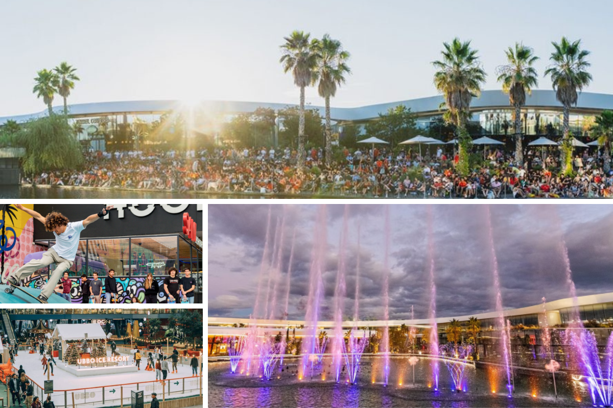 Shopping resort con eventos, ocio, cultura y personas disfrutando del espacio